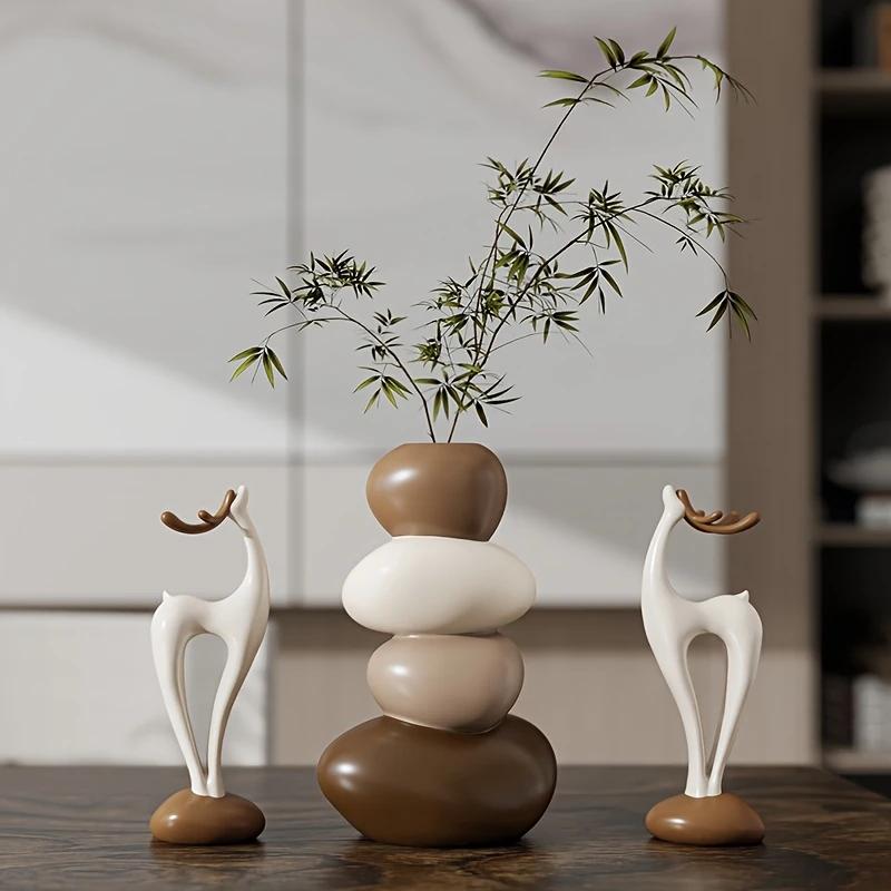 3pcs Creative Resin Stacked Stone Vase and Deer Collectible Figurine Set | Unique Christmas Gifts for Living Room, Bedroom, Office Desk, Bookshelf