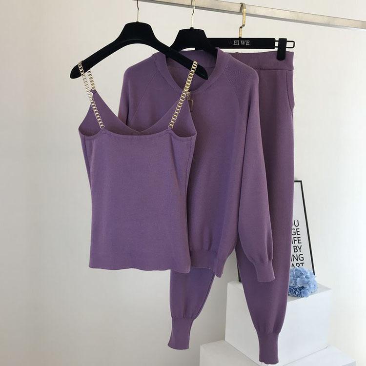 3 teile/satz Gestrickte Pullover Anzug Casual Kette Weste Gestrickte Jacke + Elastische Hosen Drei-stück Sets Frauen Outfits