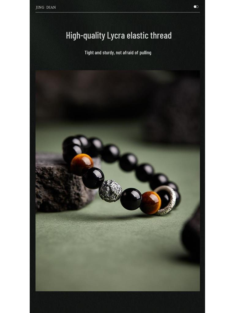 Min Yue S925 Sterlingsilber Sicherheitsverschluss Herren Obsidian & Goldener Tigerauge Perlen Retro Armband - Hochwertiges Geschenk für Freund