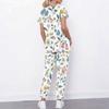 Women Plus Size Cutout Neck Short Sleeve Ginkgo Leaf Printed Scrub Set White Green Pocket Top Long Pants Two Piece
