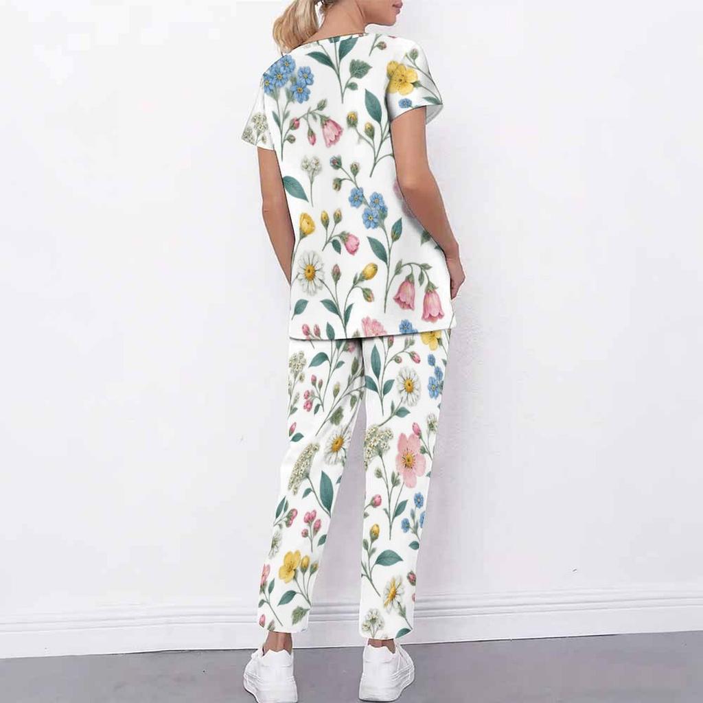 Women Plus Size Cutout Neck Short Sleeve Ginkgo Leaf Printed Scrub Set White Green Pocket Top Long Pants Two Piece