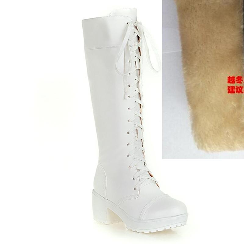 

Модные зимние сапоги для женщин, модные сапоги до колена, повседневные сапоги в стиле панк, на шнуровке, черные, белые, длинные туфли для женщин, большой размер 45 48 37