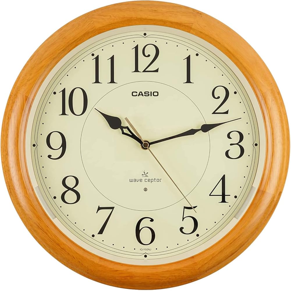 CASIO Wall Clock, Radio-Controlled, Brown, Analog, Wood Frame, Always-On Display, Nighttime Secon...