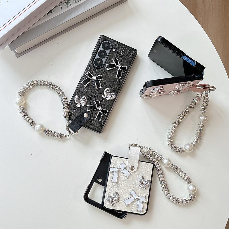 Ins Wind Pearl Handheld Chain Bow Phone Case for Samsung Zflip 7 Flip Vivoxflip Folding