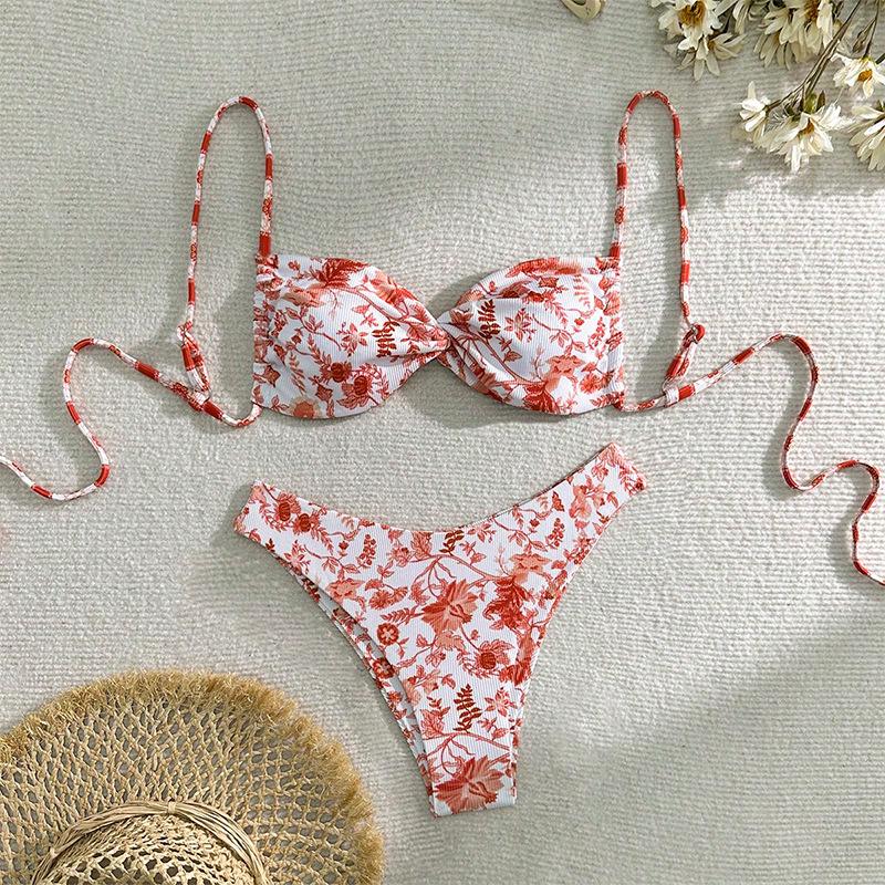 2025 European & American Floral Tie Bikini Swimsuit - Women's High-End Sexy Beachwear