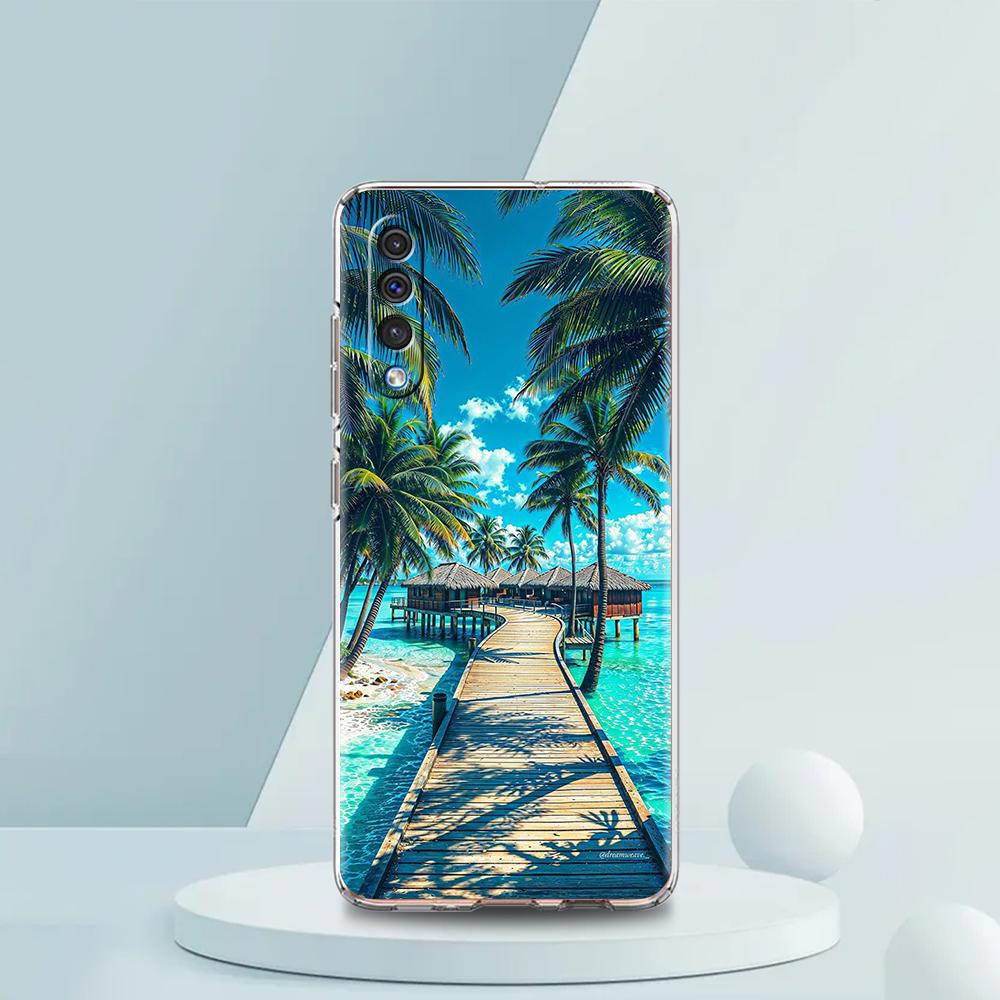 Transparent Phone Case for Samsung Galaxy A16 A14 A12 A22 A24 A42 A02 A06 A20 A30 A40 Soft TPU Cover Sunset Coconut Tree Pattern