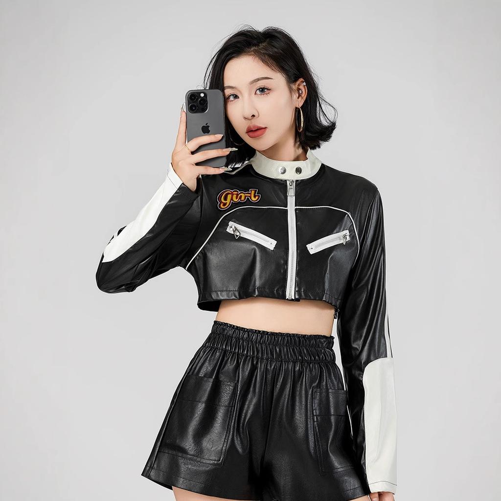 European And American Pu Women'S Leather Jacket, Locomotive Jacket, Spice Girl Style Short Contrasting Color Splicing Leather Top