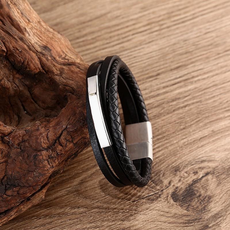 Mens Wide Leather Bracelet Handmade Multi-Layer Woven Cuff Geometric Design Steel Tone Adjustable Size
