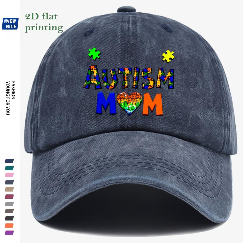 pc Autism Themed Puzzle Print Baseball Cap Colorful Puzzle Letters AUTISM with Heart Puzzle And MOM Lettering MotherS Da