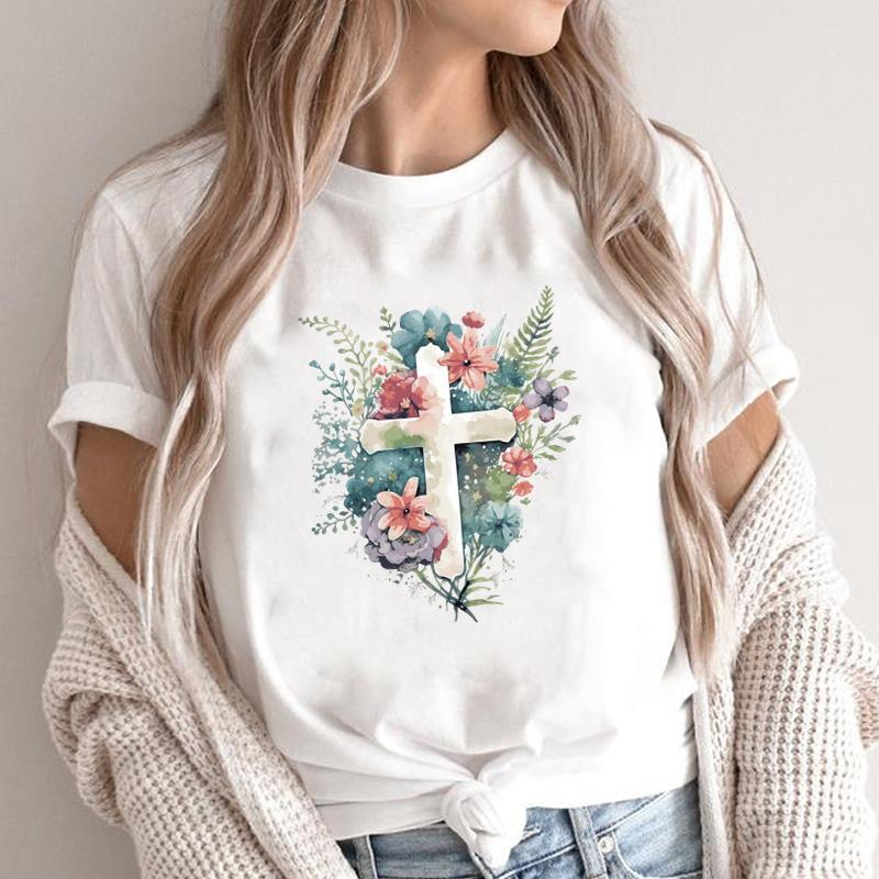 (Asian Size) lovely flower style cute Print Short Sleeve T-shirts Casual Women's Top T Clothing O-neck Fashion Female Graphic Tee