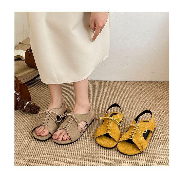 Fashion Versatile Retro Niche Single Shoes 2025 Summer and Autumn New Korean Version Open-toe Straps Flat-bottomed Outer Lace-up Sandals
