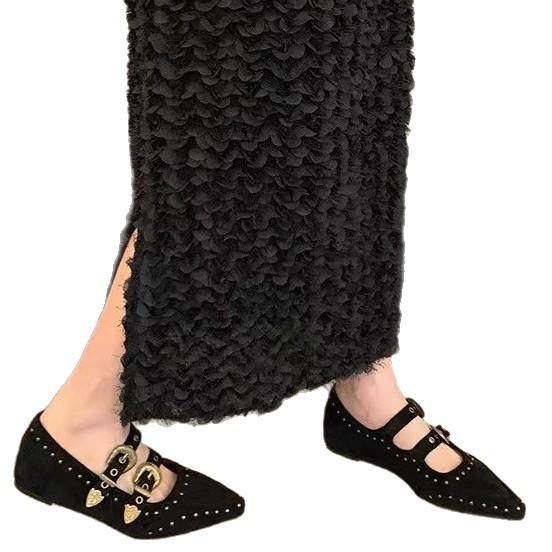Retro Pointed Head Shallow Mouth Inner Height Increase Mary Jane Single Shoes Women's 2025 Autumn Models Rivet Belt Buckle Suede Flat Shoes