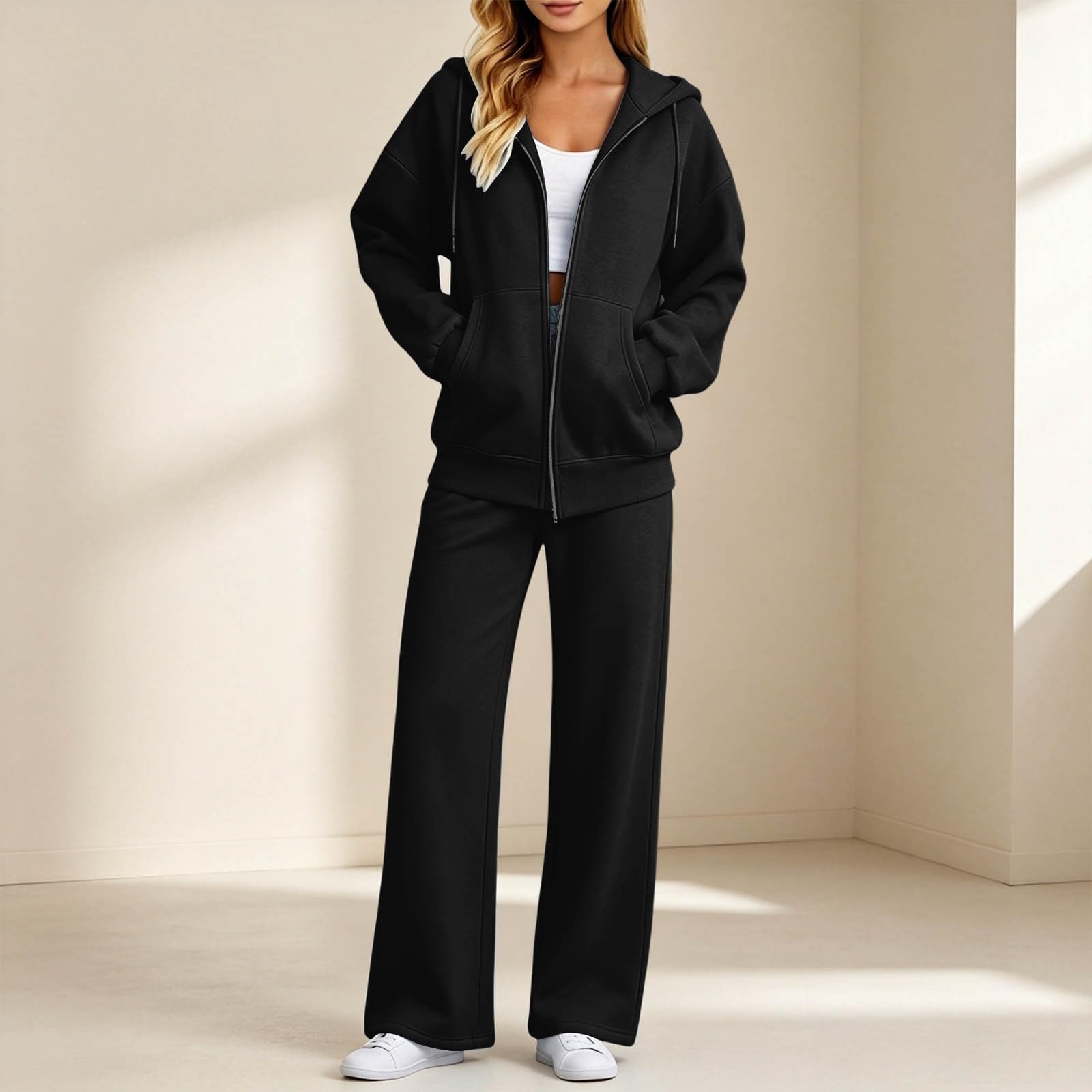 Lässiges Damen-Zweiteiler-Outfit mit Reißverschluss-Strickjacke und langer Hose für Herbst und Winter XXXL schwarz