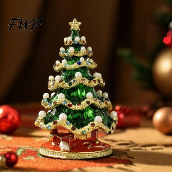 Christmas Anniversary Gift Tree Jewelry Box, Enamel Inlay Alloy Organizer, Vintage Style Trinket Box Compact Decorative Ornament for Dressing