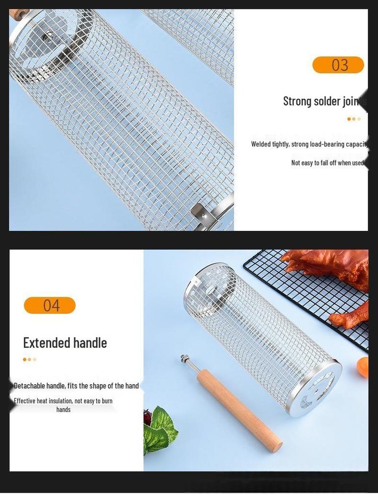Portable Round 304 Stainless Steel BBQ Grill with Wooden Handle