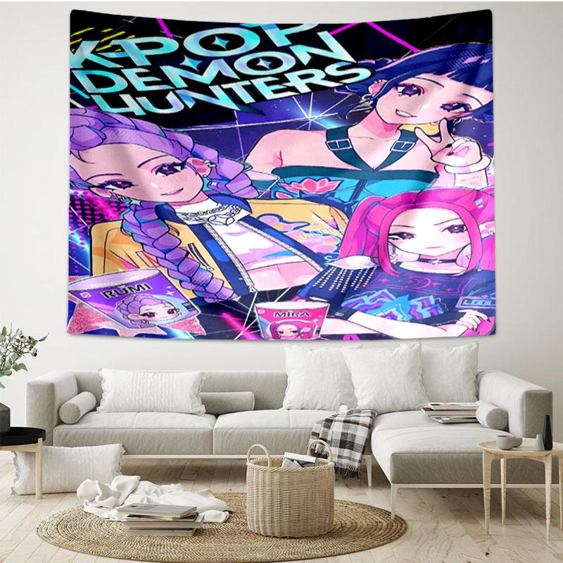 KPop Demon Hunters Print Tapestry - Portable Wall Decor Cloth, for Home, Dorm, Travel, Bedroom, Living Room - Ideal Birthday Housewarming Gift