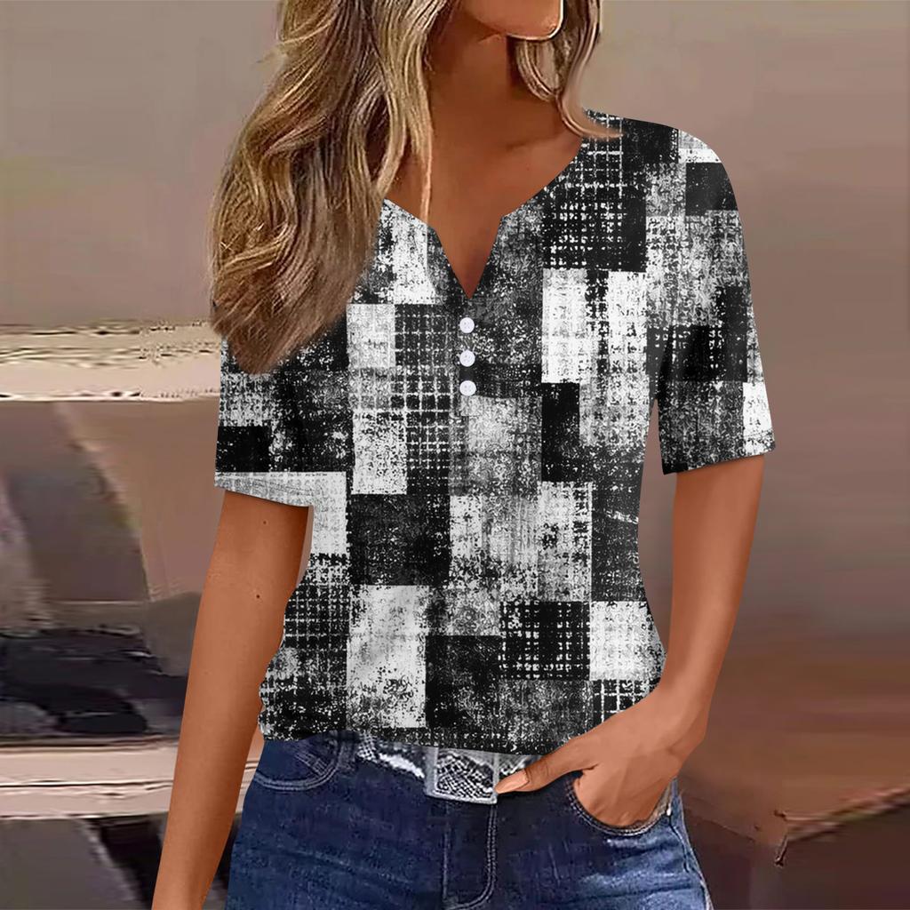 T-shirt da Donna Maglietta Stampata Bottoni Manica Corta Tunica Moda Quotidiana Weekend Base Scollo a V Top Regolare