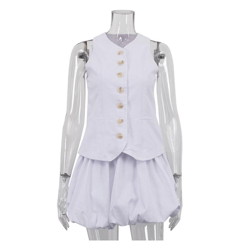 

Пляжный белый жилет юбка женский комплект с круглым вырезом без рукавов пуговиц топ плиссированные мини молнии юбки 2025 весна лето модный женский наряд L белый