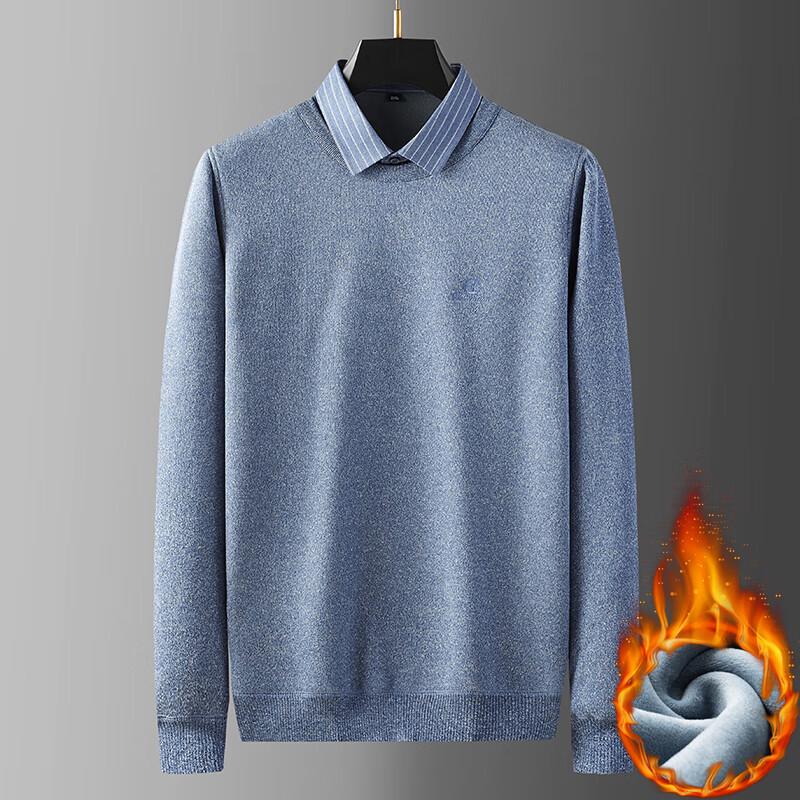 Men's Plus Size Fleece-Lined Faux Two-Piece Lapel Knit Shirt