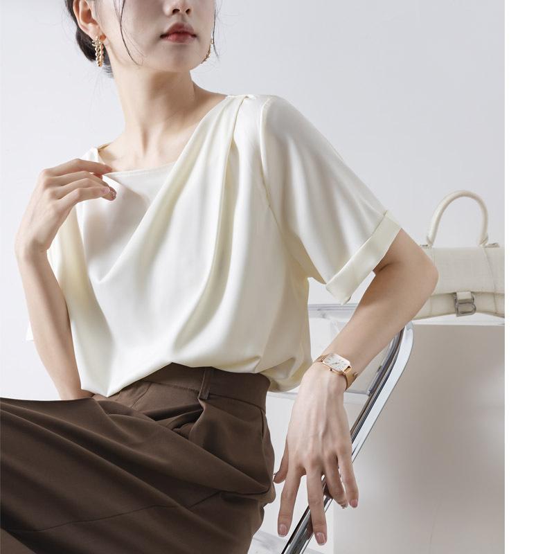 GMXIA Women's Short Sleeve Swing Neck T-Shirt Temperament Draped One Lapel Design Chiffon Blouse
