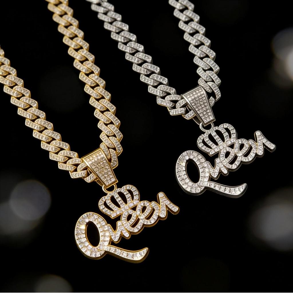 Queen Crown Hip Hop Zinc Alloy Full Diamond Pendant Necklace