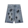 9919 Pantalones Cortos de Mezclilla Lavado Claro para Hombre con Parches de Cruz Negra Streetwear Holgado Jorts