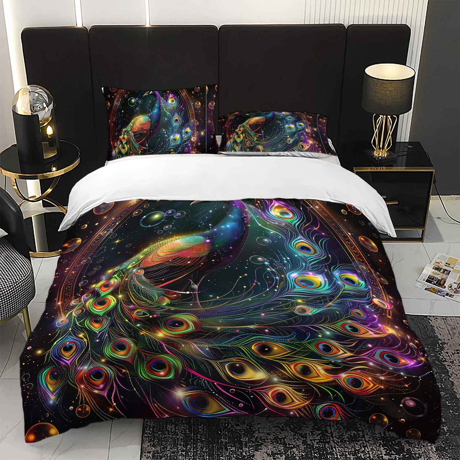 3pcs Colorful Peacock Feather Bedding Duvet Cover Set Peacock Bedding Quilt Set Peacock Themed Bet Set Peacock Bedroom Decor (135x200cm)