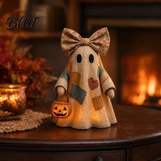 Glowing Ghost Decor Halloween Lighted Patchwork Figurine Light-Up Bow with Pumpkin Vintage Figurine Lantern Ghosts Lamp Decoration for Holiday Party