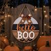 Wooden Round Halloween Door Sign Hanging Decoration Outdoor Porch Patio Party Seasonal Welcome Sign with Bow and Bat Cutouts