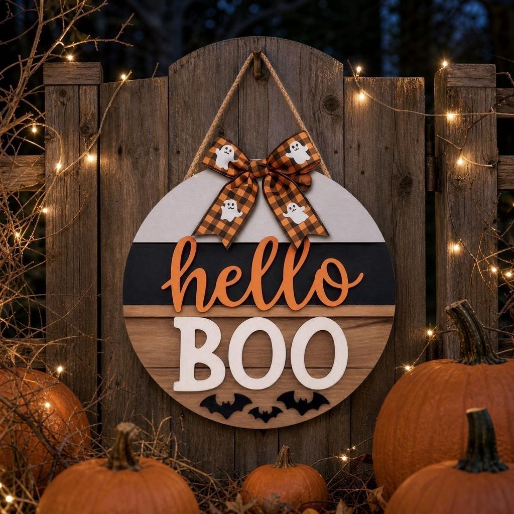 Wooden Round Halloween Door Sign Hanging Decoration Outdoor Porch Patio Party Seasonal Welcome Sign with Bow and Bat Cutouts