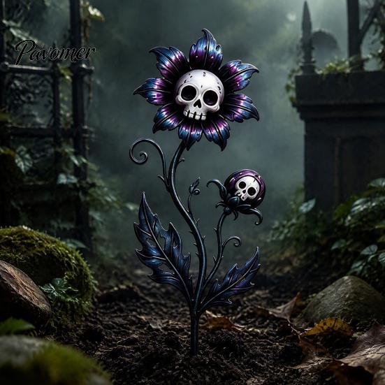 Scary Garden Ornaments Halloween Stake, Waterproof Spooky Skull Flower Lawn Art, 2D Creepy Decorative Haunted House Supplies Metal Plant Stake
