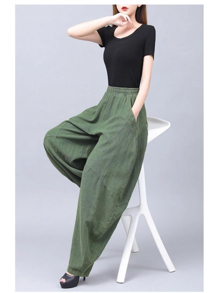 New Retro Cotton Linen Women's Plus Size Tai Chi Harem Pants - Wide Leg Lantern Trousers for Spring, Summer, and Autumn