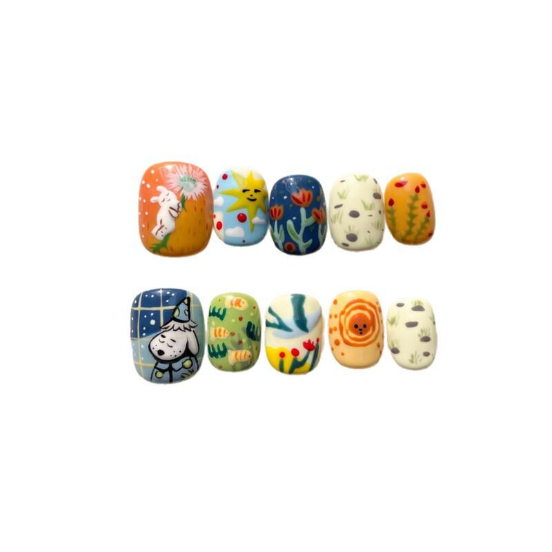 Hand-Painted Press-On Nails Short Square Cat Eye Design Cute Kawaii Style Wearable Nail Tips Women