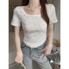 Summer new bm floral short-sleeved T-shirt women's generous collar hem curved slim fit small versatile top