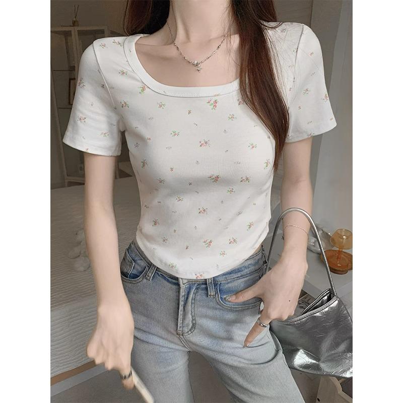 Summer new bm floral short-sleeved T-shirt women's generous collar hem curved slim fit small versatile top