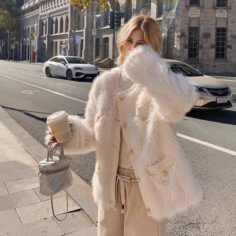 Faux Shearling Coat Womens Slim Fit Fuzzy Fur Jacket Round Neck Long Sleeve Winter Outerwear