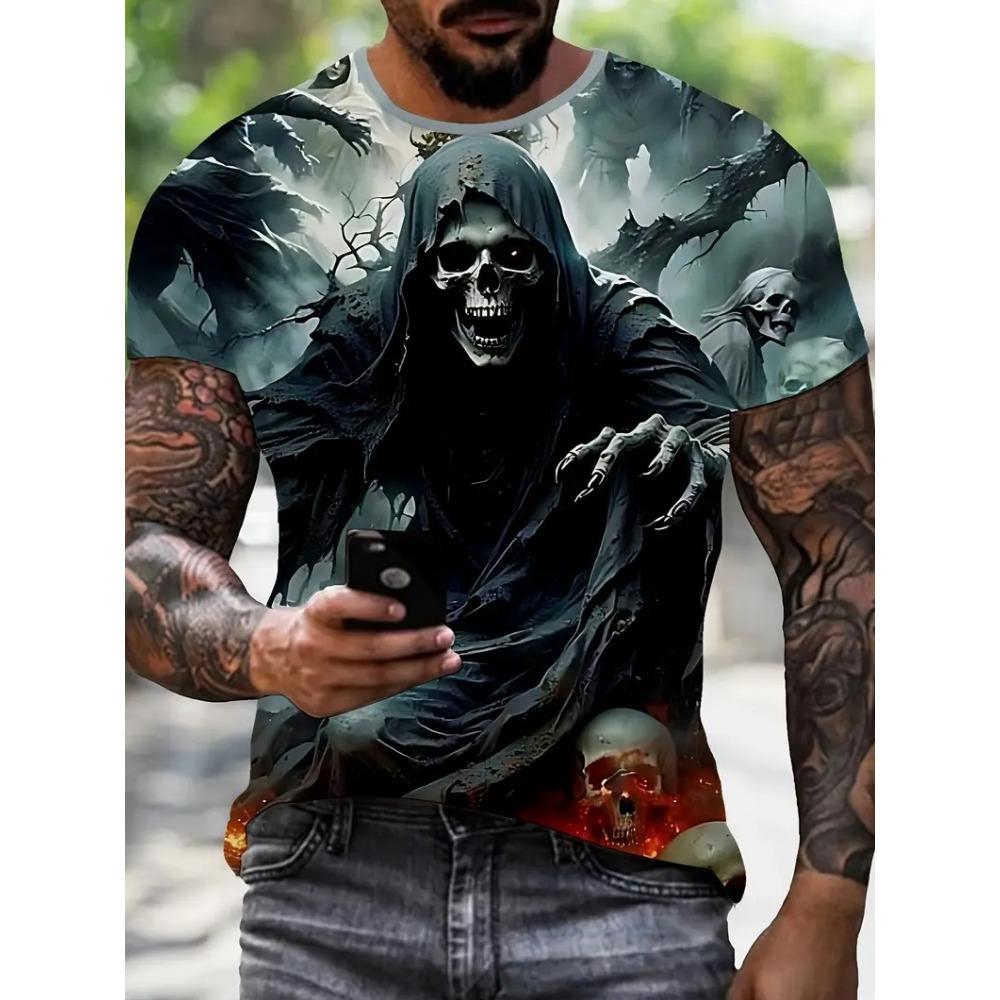 

Мужская панк-футболка с 3D-принтом черепа, летняя модная уличная футболка с графикой черепа, с коротким рукавом, топ, мужская одежда 5XL