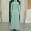 Elegant Ice Silk Crinkle Long Sleeve High-Slit Dress for Muslim Women