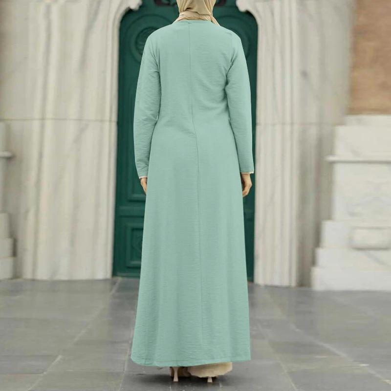 Elegant Ice Silk Crinkle Long Sleeve High-Slit Dress for Muslim Women