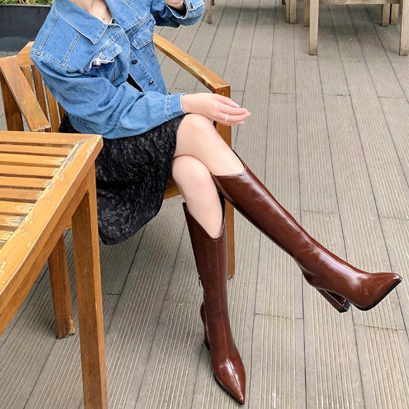 PU Leather High-heeled Knight Boots Women's Fashion V Mouth Pointed Toe Knee High Boots Khaki Sexy 8cm Square Heel Women Shoes