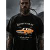 Black T Shirt with Orange Classic Car And Legends Never Die Print for Men Casual Streetwear Fashion, Plus Size