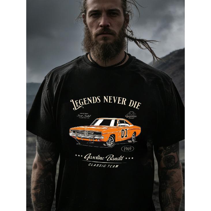 Black T Shirt with Orange Classic Car And Legends Never Die Print for Men Casual Streetwear Fashion, Plus Size