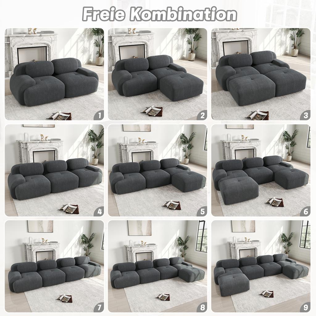 4-Seater Sofa Soft Corduroy, Frameless, 32D High-Elastic Padding, Pet-Friendly, Vacuum-Packed, Combinable, No Assembly for Bedroom and Office, Grey