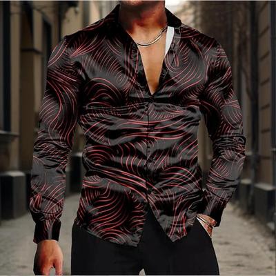 Men's Satin Long Sleeve Shirt Red Swirl Print Button-Up Casual Party Top