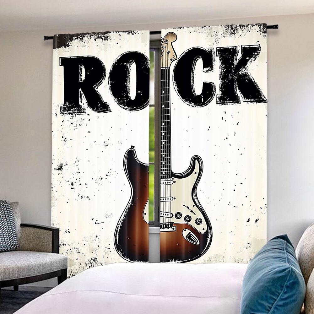 Rock Music Curtains Detailed Guitar Strings Retro Halftone Suitable Living Room Bedroom Set Of 2 Made Polyester Sitting Decor