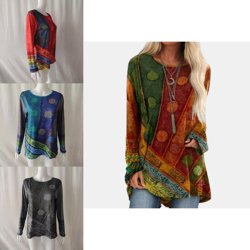 Plus Size Womens Hippie Boho Long Sleeve Tops With Soft Material And Floral Pattern