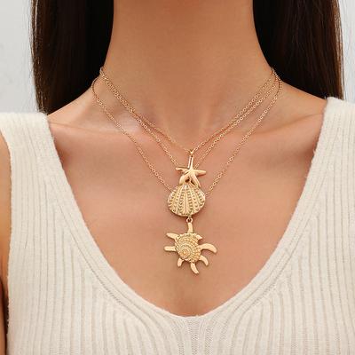 Fashion, Literary and Holiday Style, Metal Double-layer Marine Life Pendant Necklace, Daily Travel Wear