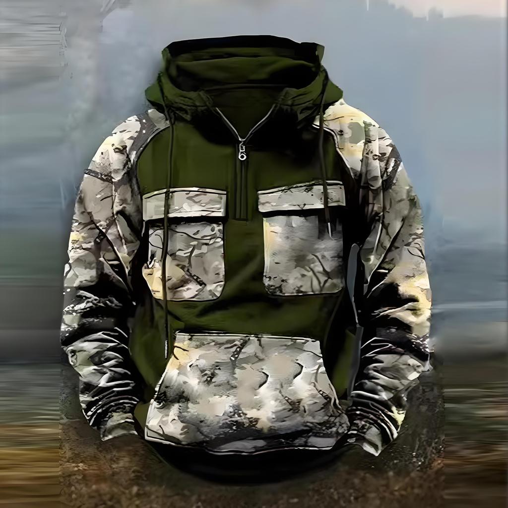 Men  Quater-Zip Pullover Vintage Sweatshirt Casual Long Sleeve Cargo Hoodies With Pocket