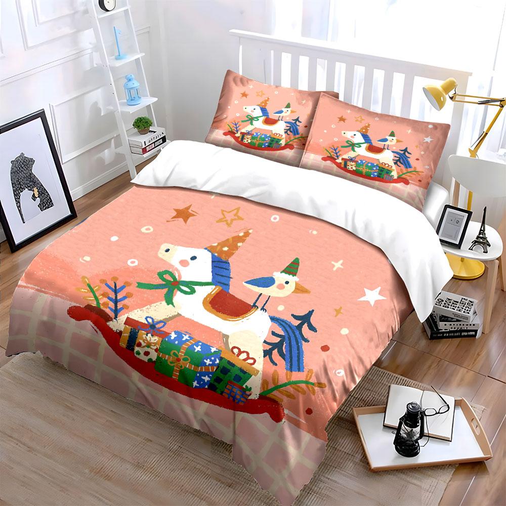 Christmas Horse and Gifts Scene Bedding Duvet Cover Set Duvet Cover Pillowcases (1*Duvet Cover 2*Pillowcases, Without Duvet Insert)