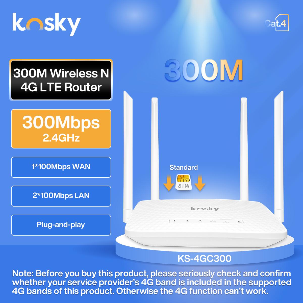 

KOSKY 4G 300M Cellular Router, WiFi, 4G LTE Router With SIM Card Slot, Cat4,Single Band Internet Router, 1*100M WAN+2*100M LAN EU Version білий